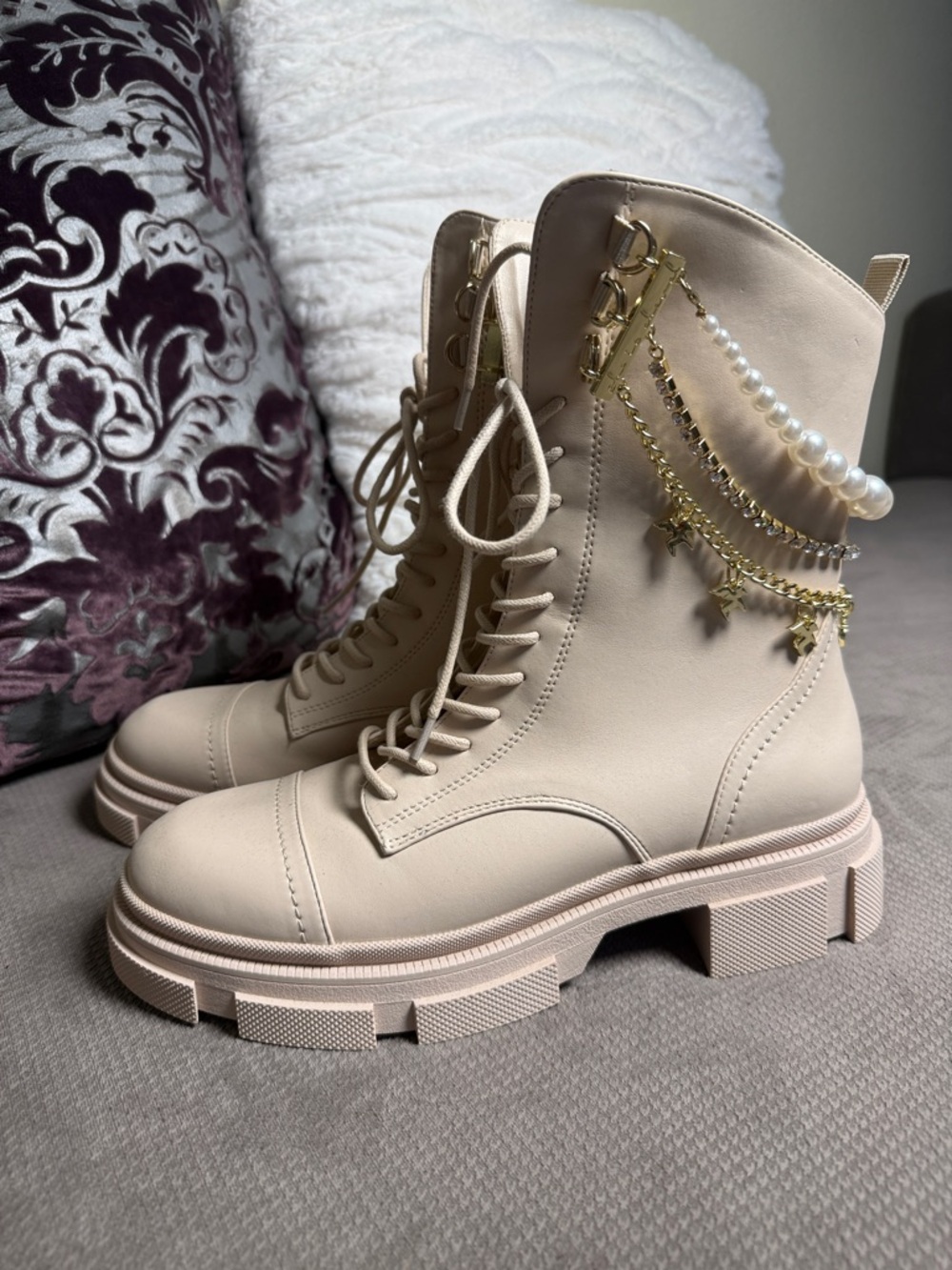 Beige Lace-Up Platform Combat Boots with Pearl & Gold Chain Detail - Picture 2 of 11